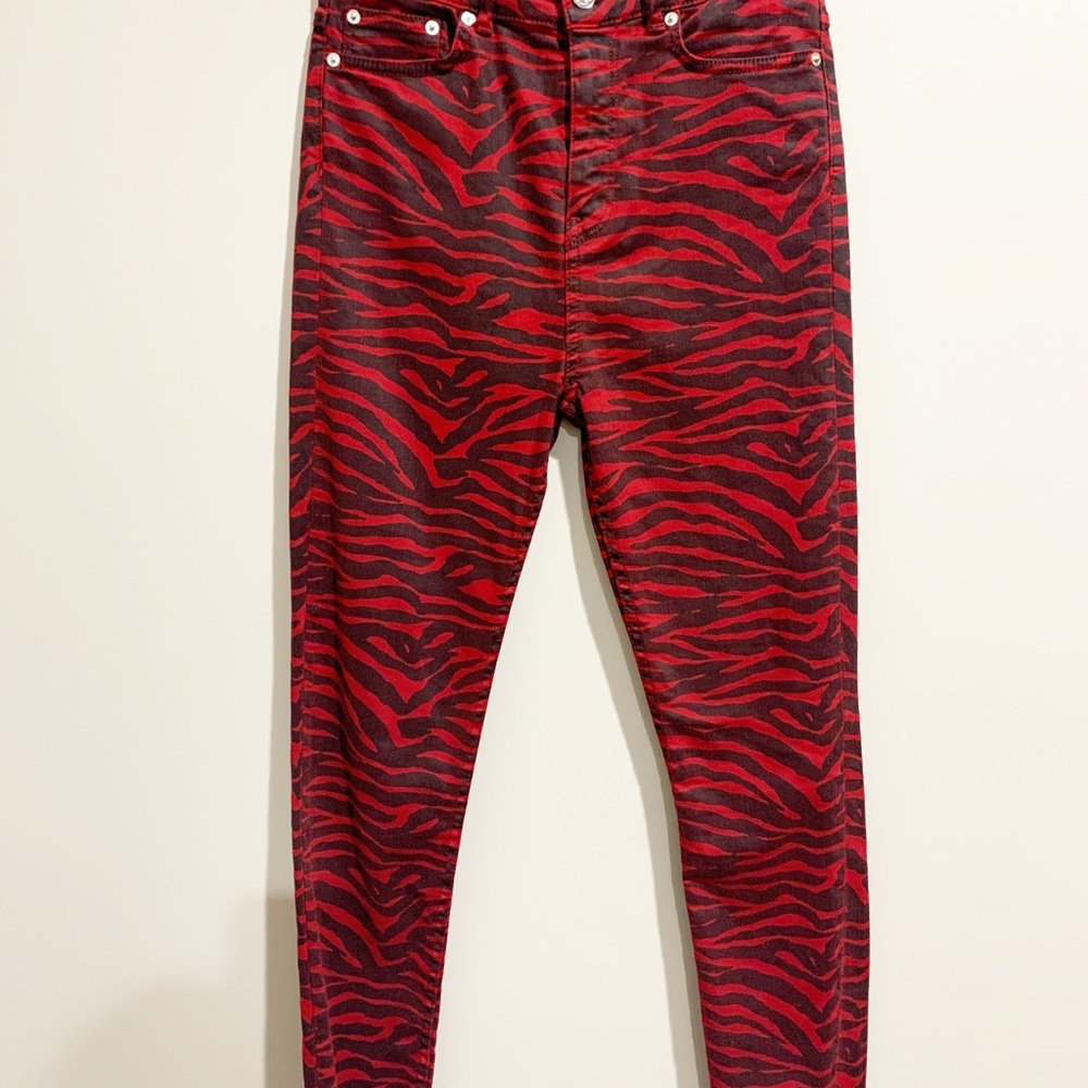 Zara Premium Red Zebra High Waist Jeans Size 4 - Picture 2 of 8